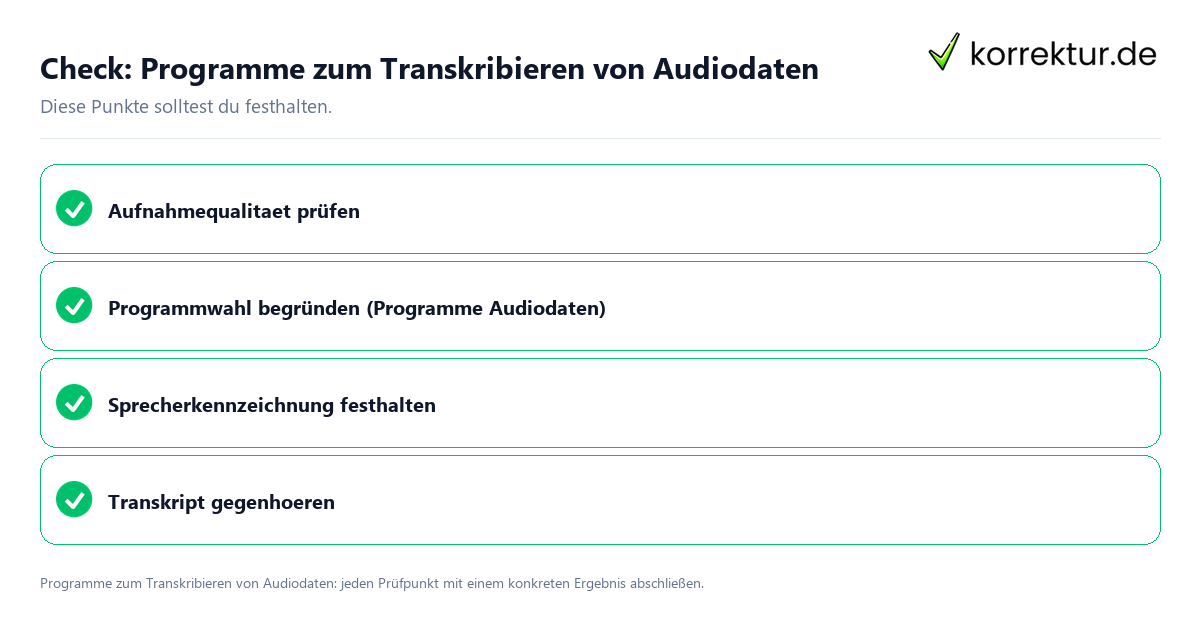 Programme zum Transkribieren von Audiodaten mit einer themenspezifischen Checkliste