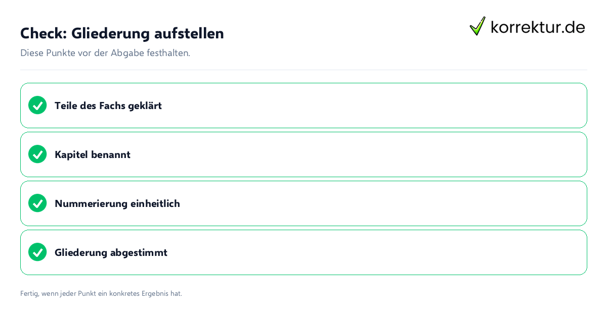 Check: Gliederung aufstellen Gliederung aufstellen: Prüfliste mit vier Punkten