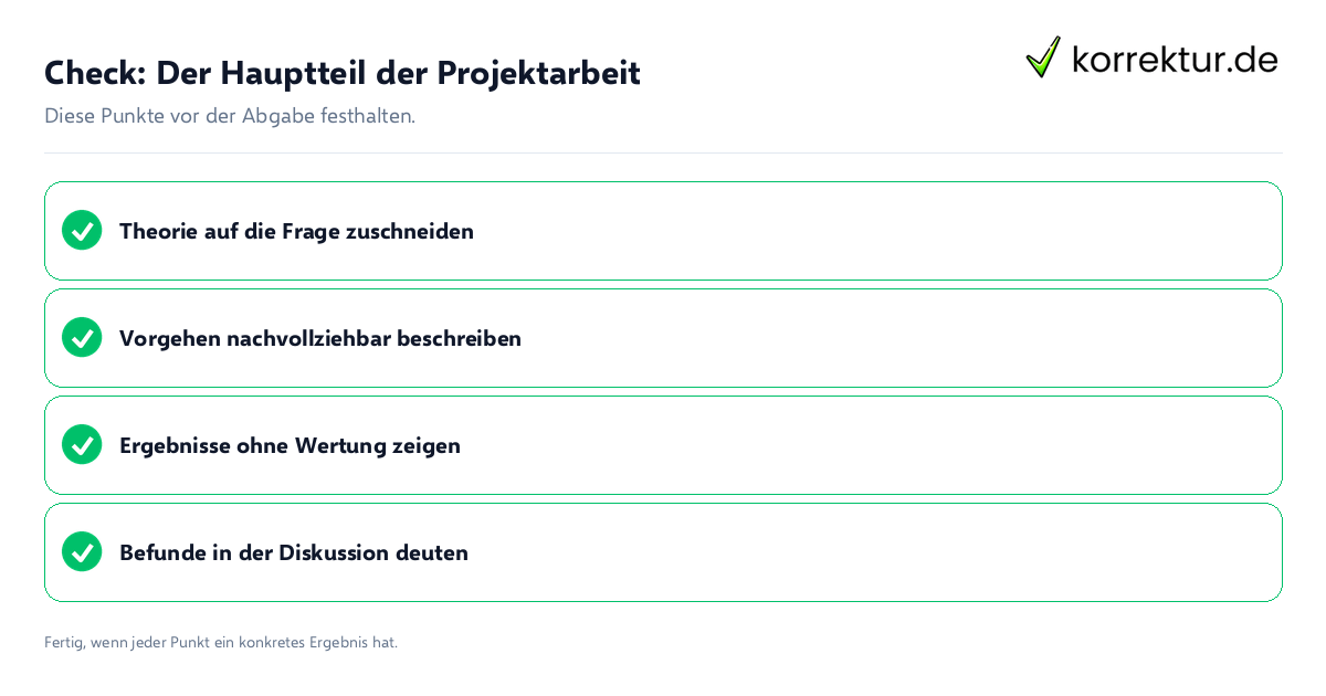 Check: Der Hauptteil der Projektarbeit Der Hauptteil der Projektarbeit: Prüfliste mit vier Punkten