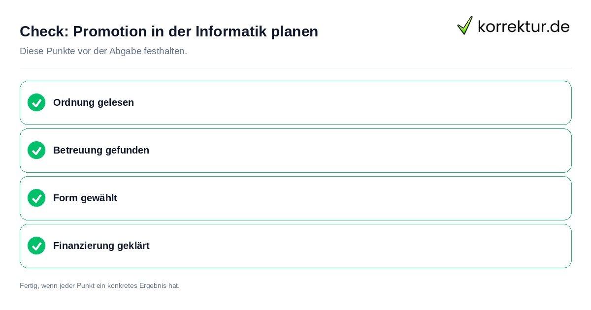 Promotion in der Informatik planen: Prüfliste mit vier Punkten