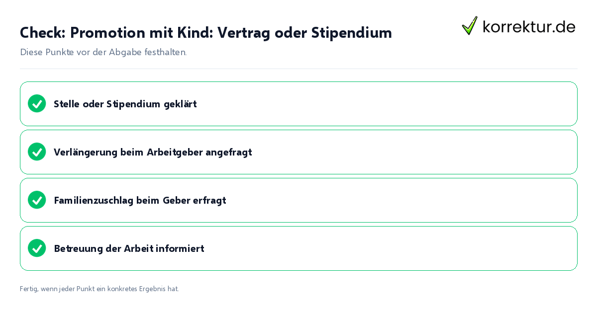 Check: Promotion mit Kind: Vertrag oder Stipendium Promotion mit Kind: Vertrag oder Stipendium: Prüfliste mit vier Punkten