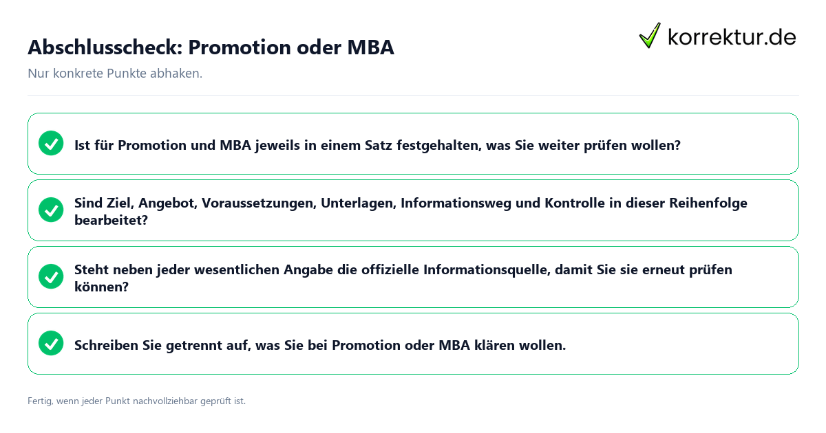 Abschlusscheck: Promotion oder MBA Konkreter Abschlusscheck zu Promotion oder MBA
