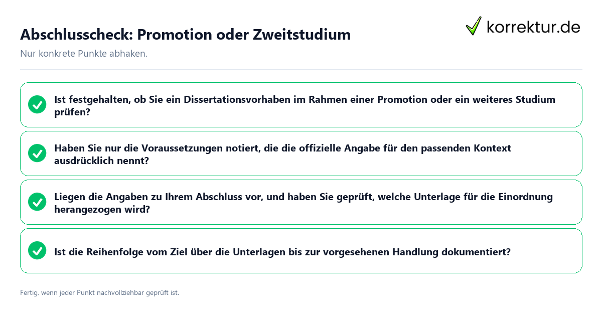 Konkreter Abschlusscheck zu Promotion oder Zweitstudium