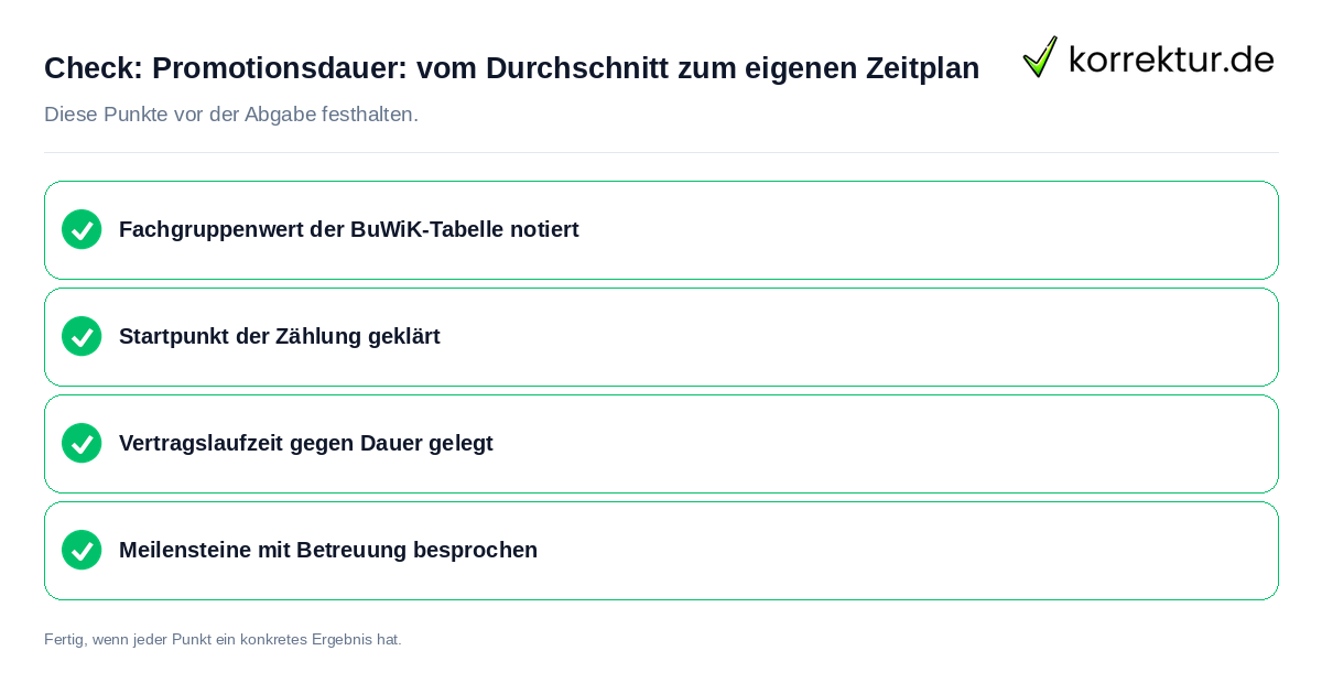 Promotionsdauer: vom Durchschnitt zum eigenen Zeitplan: Prüfliste mit vier Punkten