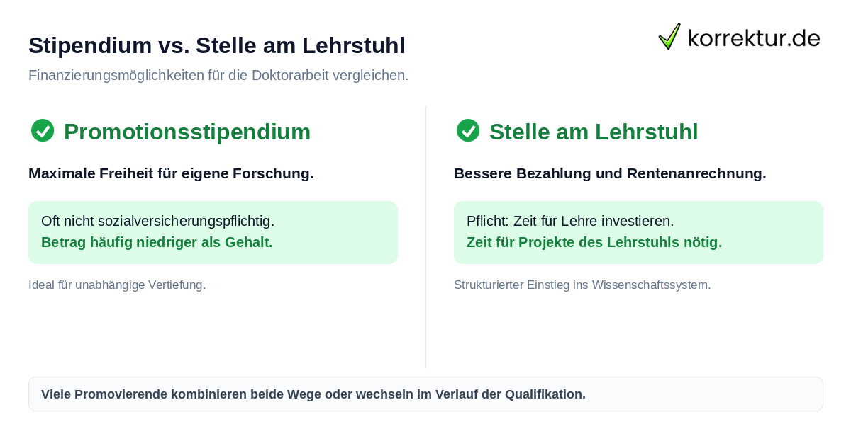 Vergleich zwischen Promotionsstipendium und Stelle am Lehrstuhl bei der Finanzierung