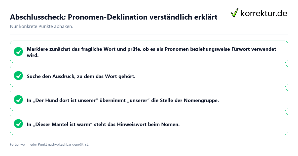 Abschlusscheck: Pronomen-Deklination verständlich erklärt Konkreter Abschlusscheck zu Pronomen-Deklination verständlich erklärt