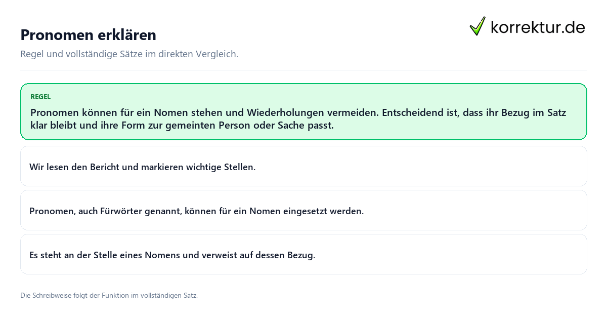 Konkrete Regel und vollständige Beispielsätze zu Pronomen erklären