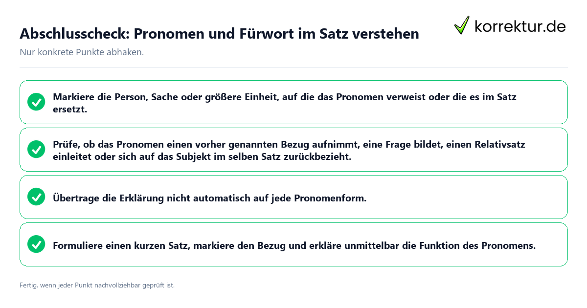 Konkreter Abschlusscheck zu Pronomen und Fürwort im Satz verstehen
