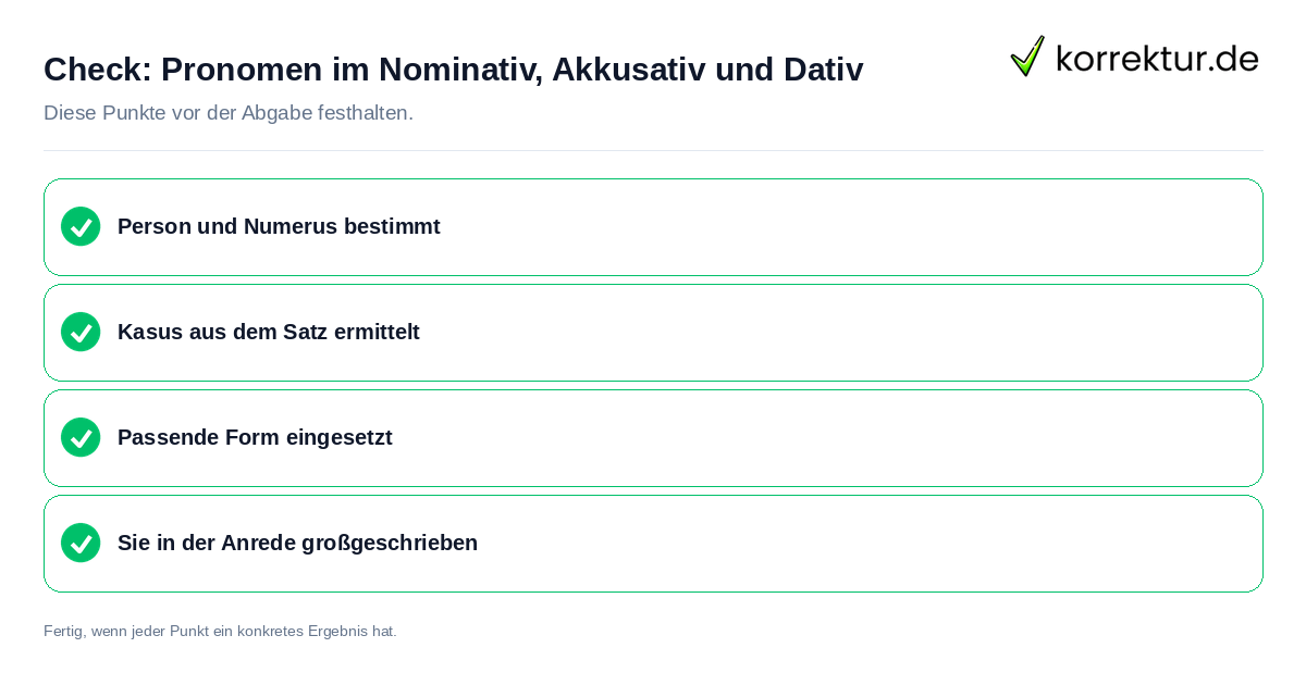 Pronomen im Nominativ, Akkusativ und Dativ: Prüfliste mit vier Punkten
