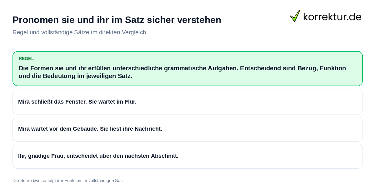 Konkrete Regel und vollständige Beispielsätze zu Pronomen sie und ihr im Satz sicher verstehen