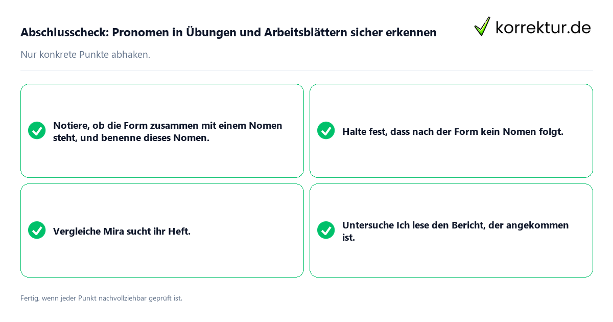 Konkreter Abschlusscheck zu Pronomen in Übungen und Arbeitsblättern sicher erkennen