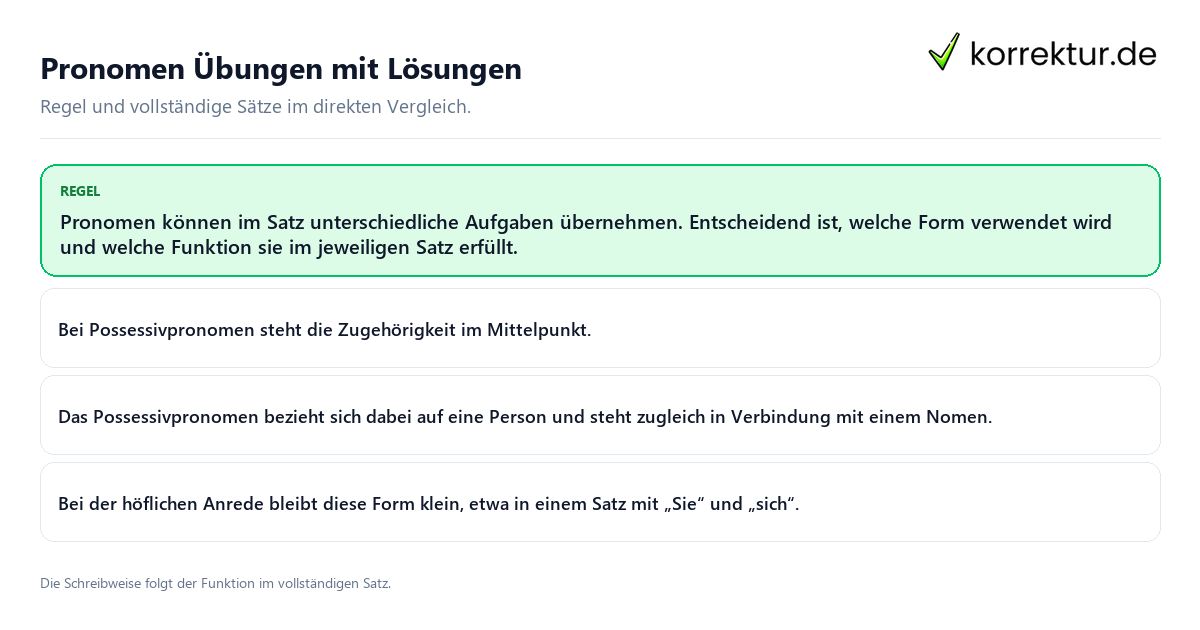 Konkrete Regel und vollständige Beispielsätze zu Pronomen Übungen mit Lösungen
