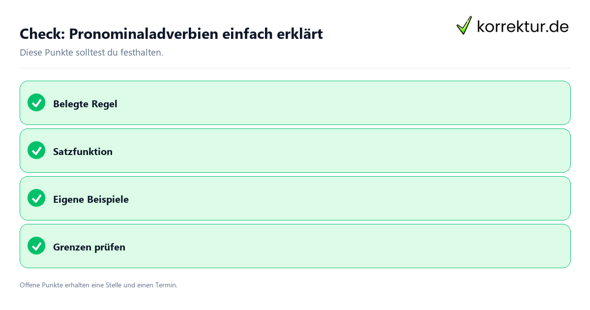 Pronominaladverbien einfach erklärt mit Checkliste für Unterlagen und nächste Schritte