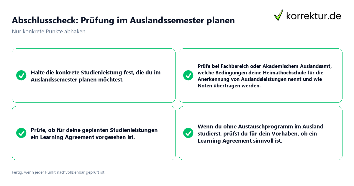 Konkreter Abschlusscheck zu Prüfung im Auslandssemester planen