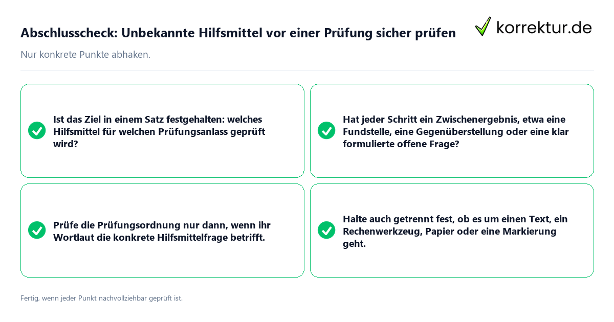 Abschlusscheck: Unbekannte Hilfsmittel vor einer Prüfung sicher prüfen Konkreter Abschlusscheck zu Unbekannte Hilfsmittel vor einer Prüfung sicher prüfen