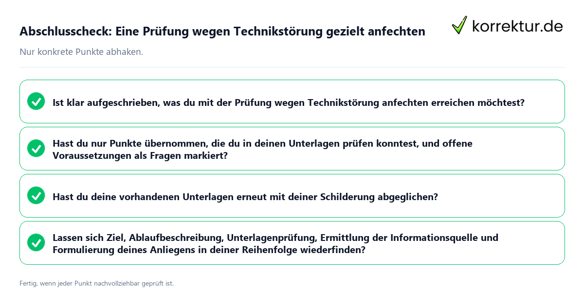 Abschlusscheck: Eine Prüfung wegen Technikstörung gezielt anfechten Konkreter Abschlusscheck zu Eine Prüfung wegen Technikstörung gezielt anfechten