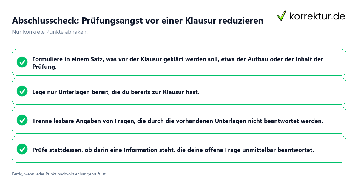 Konkreter Abschlusscheck zu Prüfungsangst vor einer Klausur reduzieren