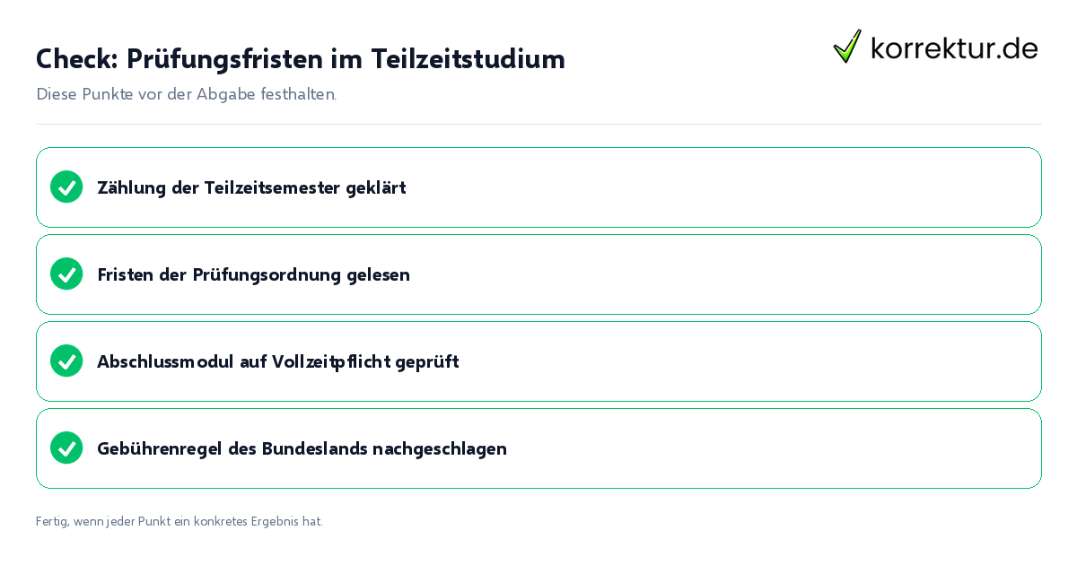 Check: Prüfungsfristen im Teilzeitstudium Prüfungsfristen im Teilzeitstudium: Prüfliste mit vier Punkten