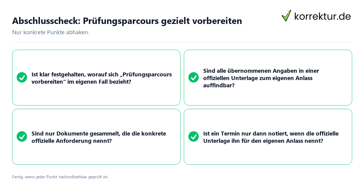 Konkreter Abschlusscheck zu Prüfungsparcours gezielt vorbereiten