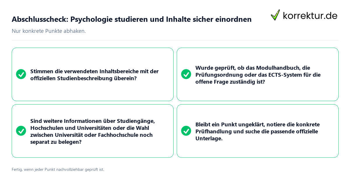 Konkreter Abschlusscheck zu Psychologie studieren und Inhalte sicher einordnen