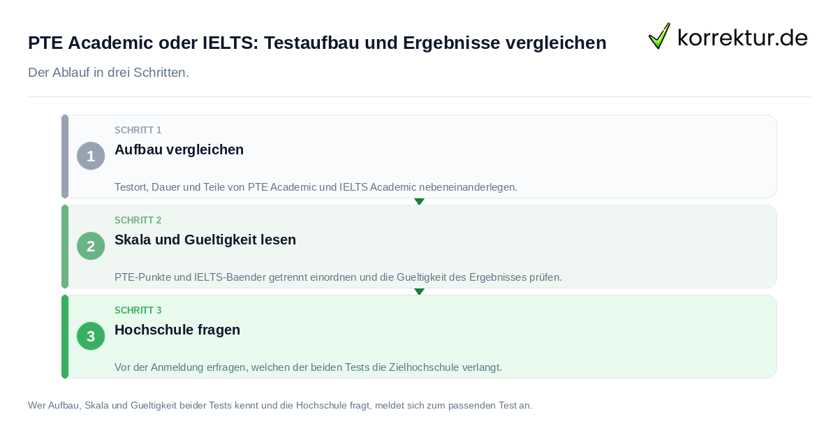 PTE Academic oder IELTS: Testaufbau und Ergebnisse vergleichen PTE Academic oder IELTS: Testaufbau und Ergebnisse vergleichen: der Ablauf in drei Schritten