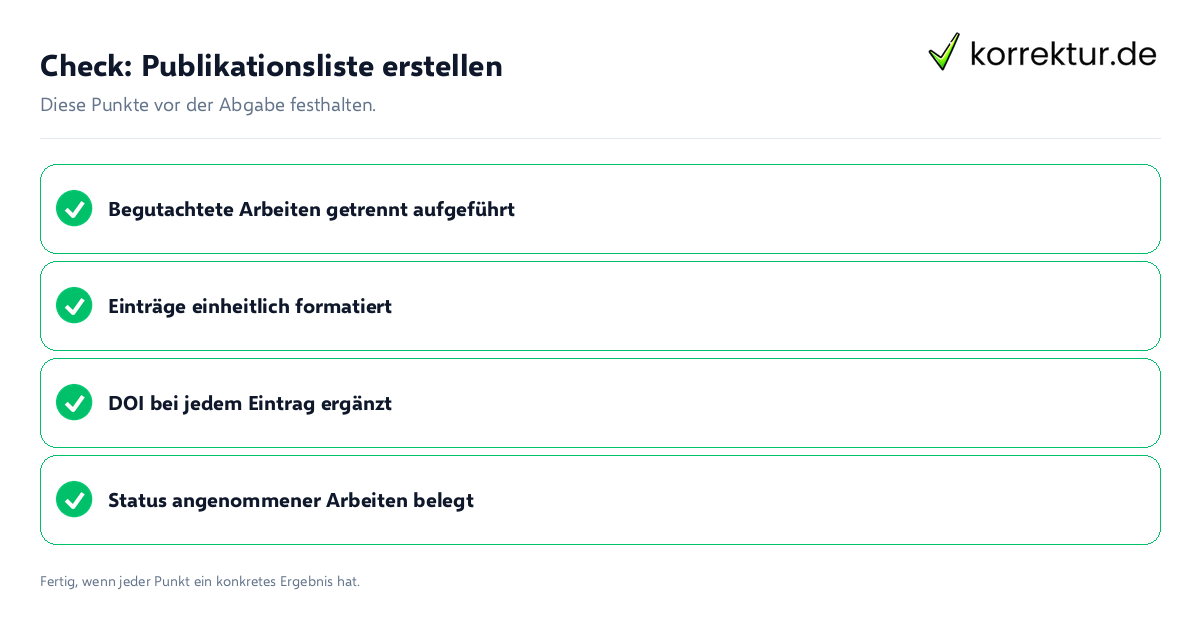 Publikationsliste erstellen: Prüfliste mit vier Punkten