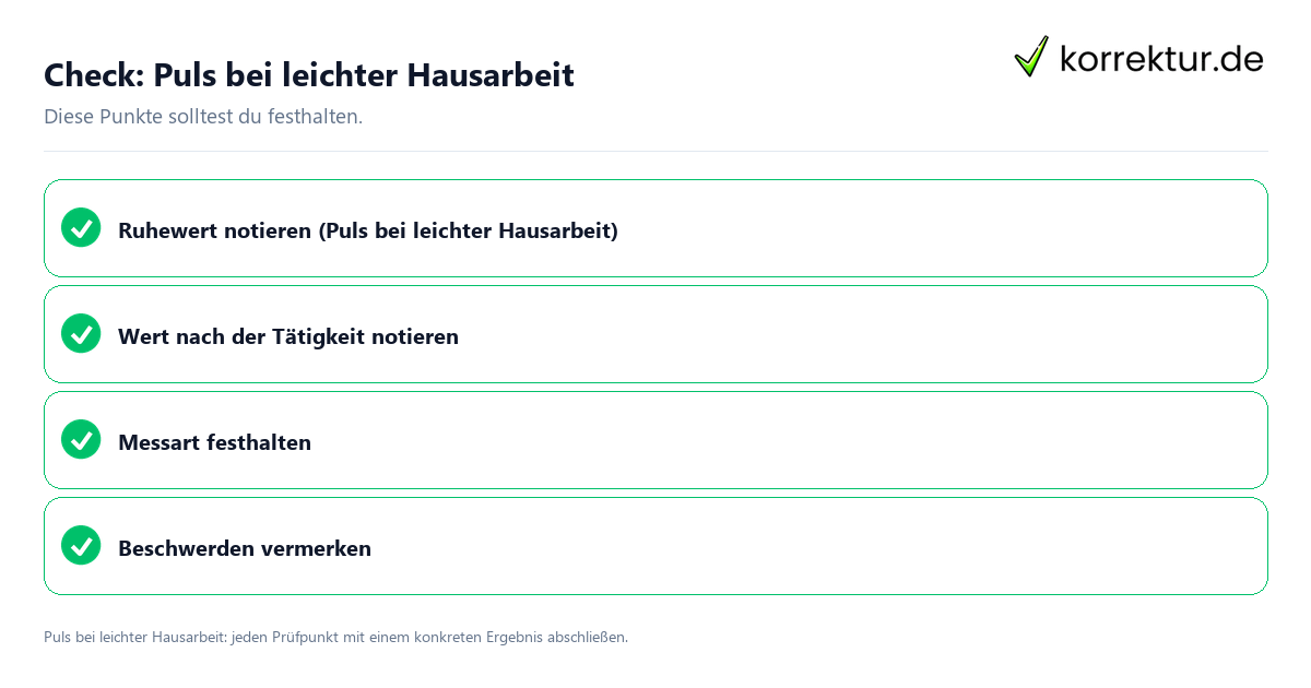 Puls bei leichter Hausarbeit mit einer themenspezifischen Checkliste