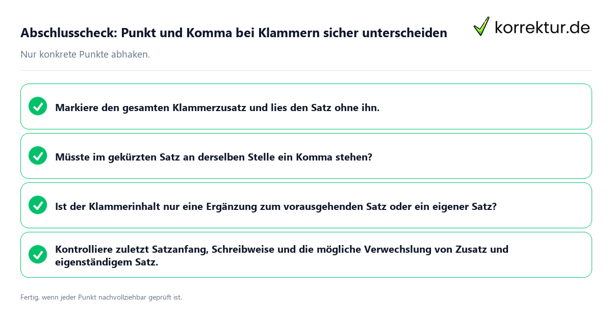Abschlusscheck: Punkt und Komma bei Klammern sicher unterscheiden Konkreter Abschlusscheck zu Punkt und Komma bei Klammern sicher unterscheiden