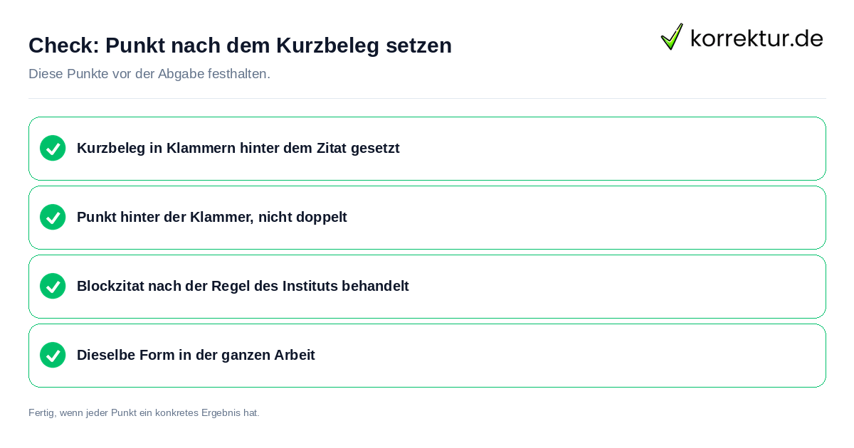 Check: Punkt nach dem Kurzbeleg setzen Punkt nach dem Kurzbeleg setzen: Prüfliste mit vier Punkten