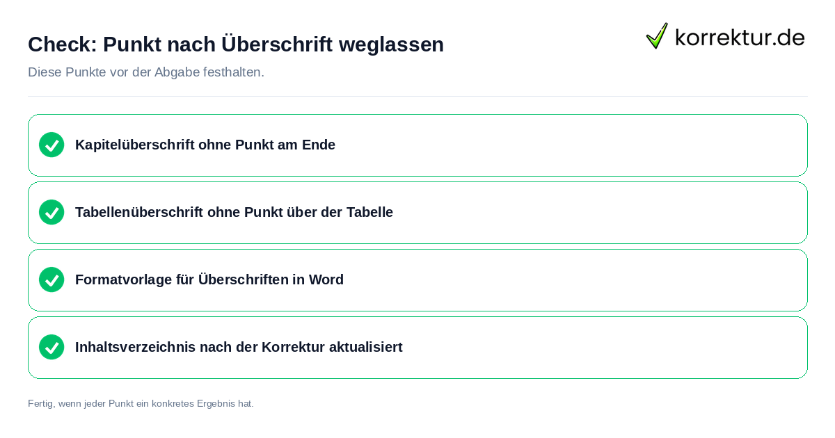 Check: Punkt nach Überschrift weglassen Punkt nach Überschrift weglassen: Prüfliste mit vier Punkten