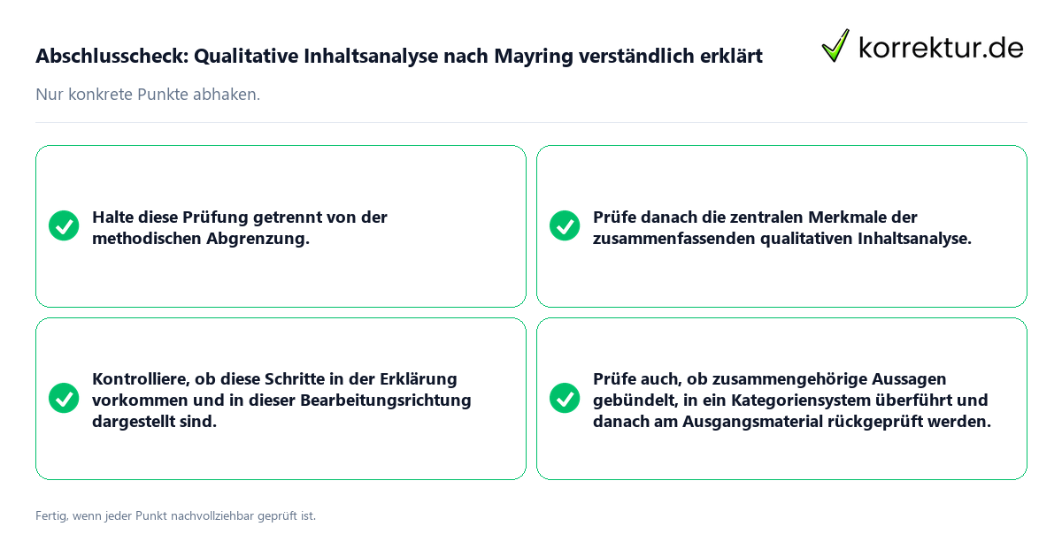 Abschlusscheck: Qualitative Inhaltsanalyse nach Mayring verständlich erklärt Konkreter Abschlusscheck zu Qualitative Inhaltsanalyse nach Mayring verständlich erklärt