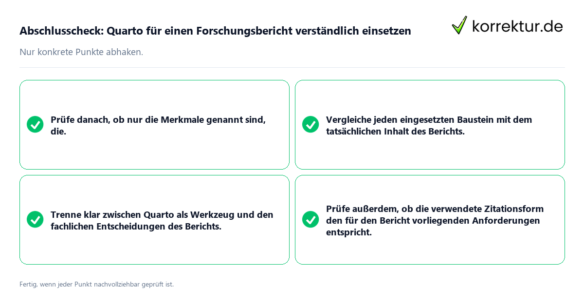 Abschlusscheck: Quarto für einen Forschungsbericht verständlich einsetzen Konkreter Abschlusscheck zu Quarto für einen Forschungsbericht verständlich einsetzen