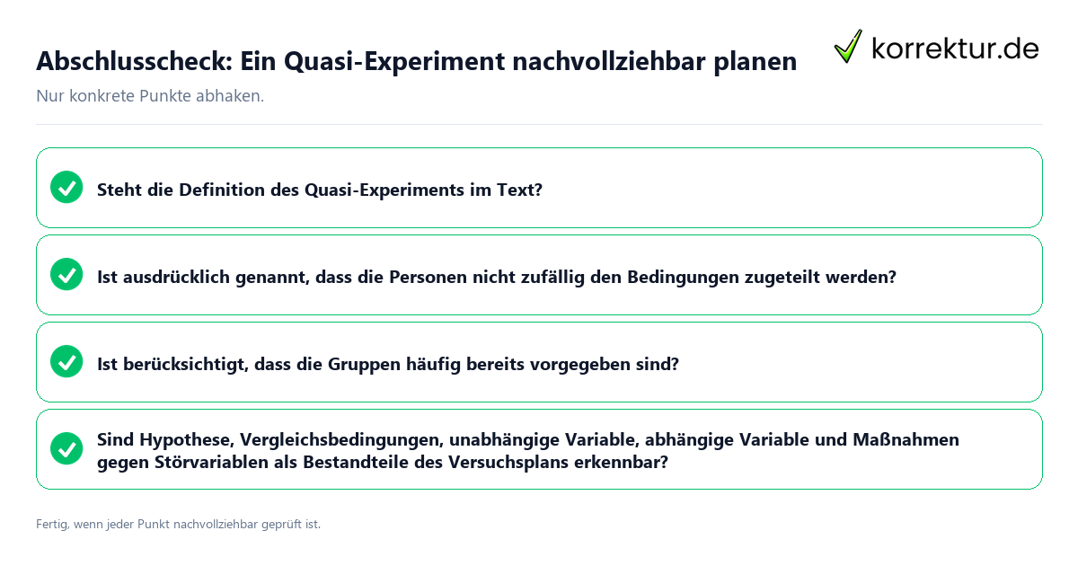 Konkreter Abschlusscheck zu Ein Quasi-Experiment nachvollziehbar planen