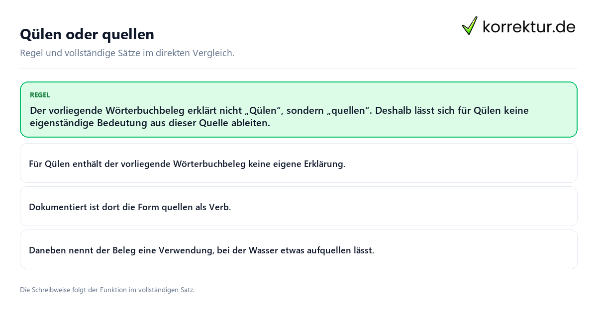 Konkrete Regel und vollständige Beispielsätze zu Qülen oder quellen