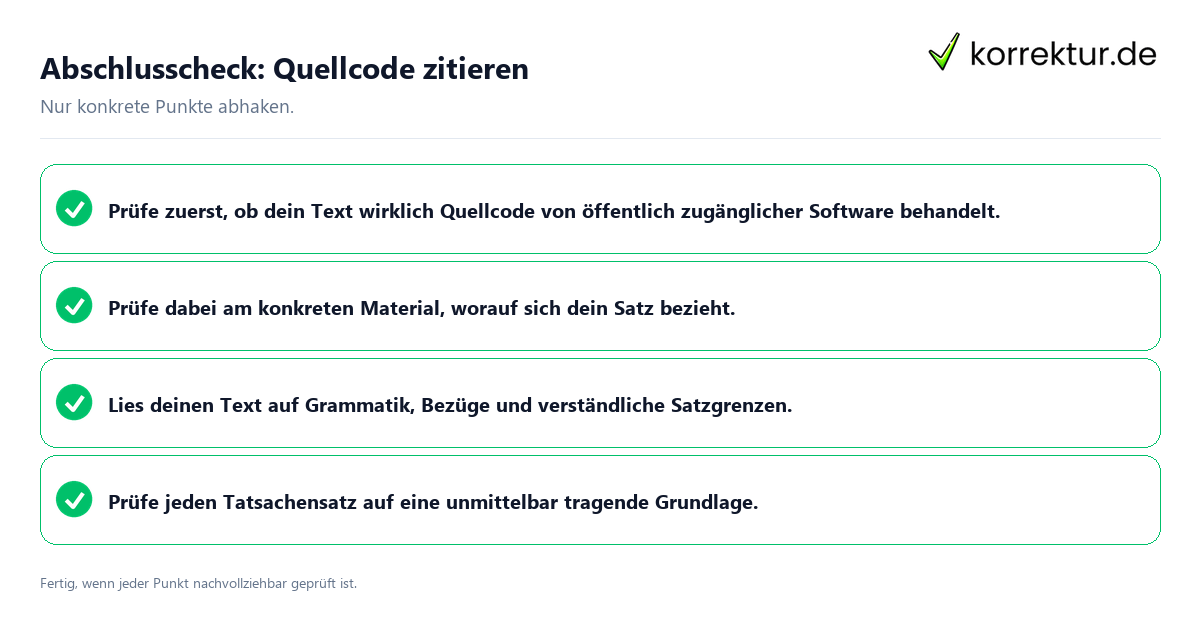 Konkreter Abschlusscheck zu Quellcode zitieren