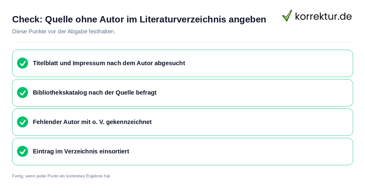 Quelle ohne Autor im Literaturverzeichnis angeben: Prüfliste mit vier Punkten