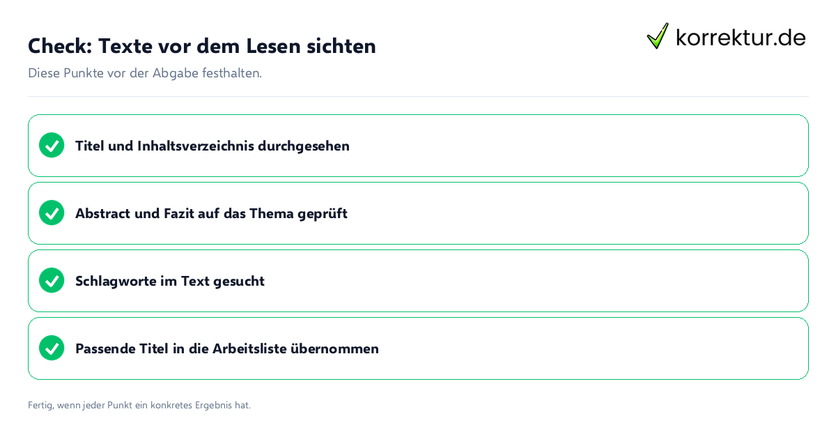 Check: Texte vor dem Lesen sichten Texte vor dem Lesen sichten: Prüfliste mit vier Punkten