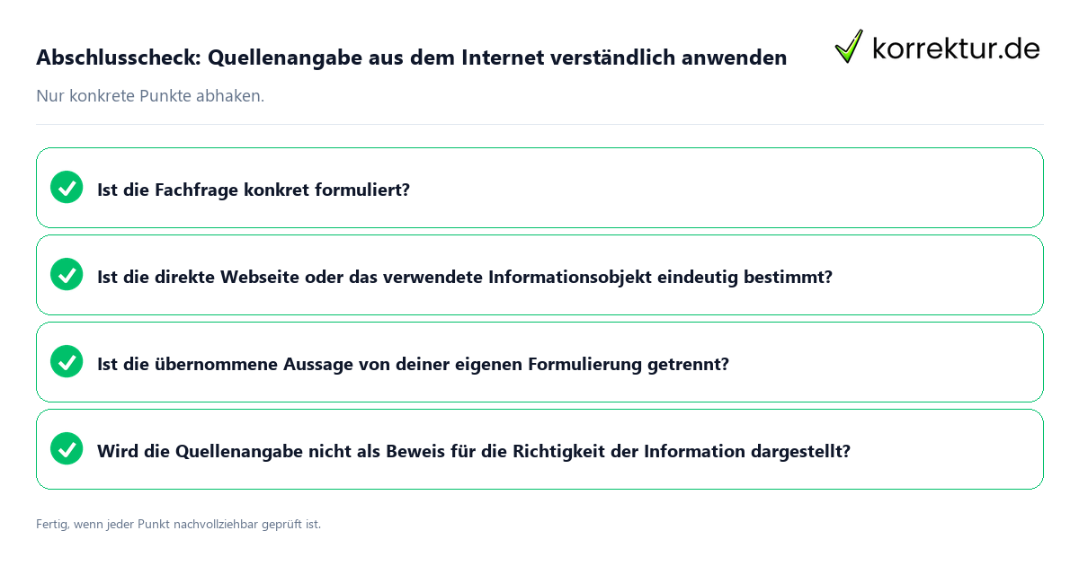 Konkreter Abschlusscheck zu Quellenangabe aus dem Internet verständlich anwenden
