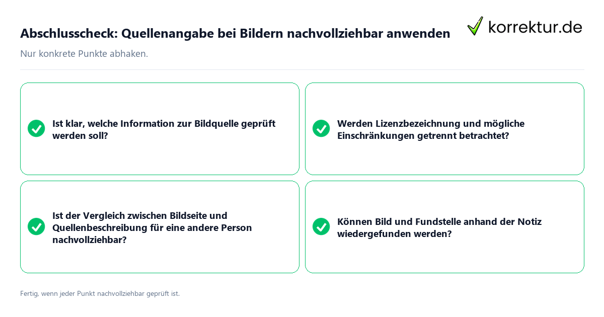 Konkreter Abschlusscheck zu Quellenangabe bei Bildern nachvollziehbar anwenden