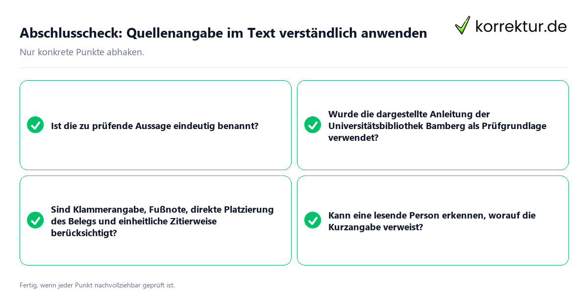 Konkreter Abschlusscheck zu Quellenangabe im Text verständlich anwenden