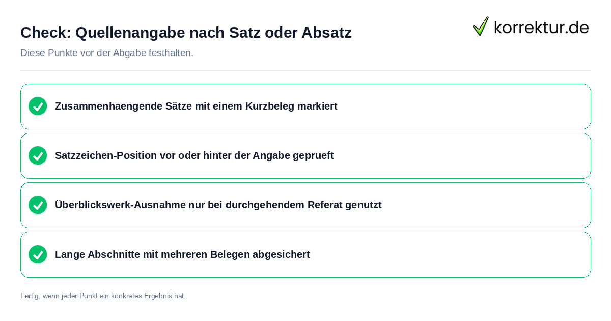 Quellenangabe nach Satz oder Absatz: Prüfliste mit vier Punkten