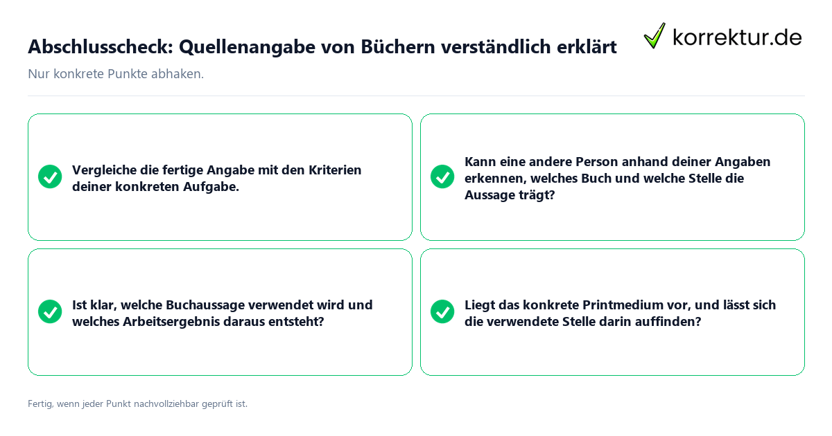 Konkreter Abschlusscheck zu Quellenangabe von Büchern verständlich erklärt