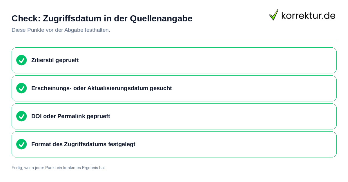 Check: Zugriffsdatum in der Quellenangabe Zugriffsdatum in der Quellenangabe: Prüfliste mit vier Punkten
