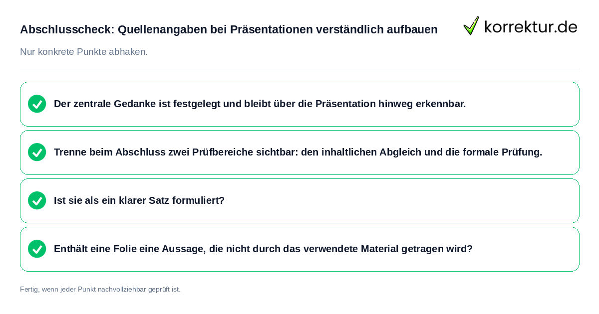 Abschlusscheck: Quellenangaben bei Präsentationen verständlich aufbauen Konkreter Abschlusscheck zu Quellenangaben bei Präsentationen verständlich aufbauen
