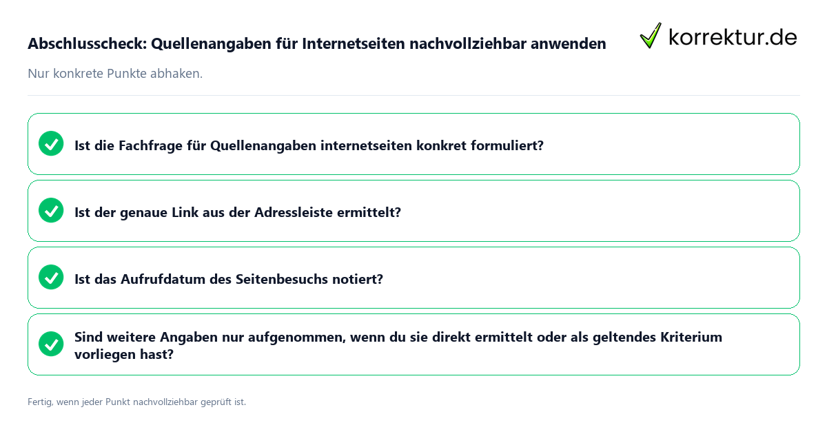 Abschlusscheck: Quellenangaben für Internetseiten nachvollziehbar anwenden Konkreter Abschlusscheck zu Quellenangaben für Internetseiten nachvollziehbar anwenden