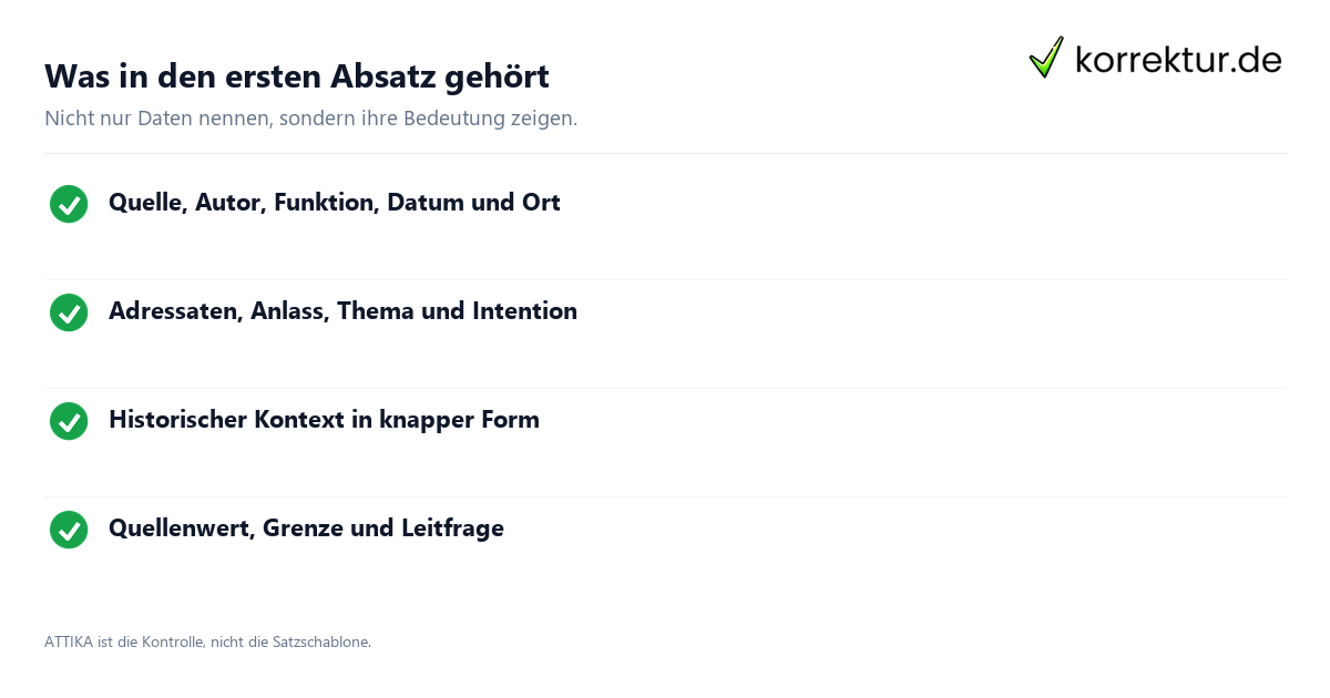 Was in den ersten Absatz gehört Quellenkritische Einleitung: vollständiger Aufbau