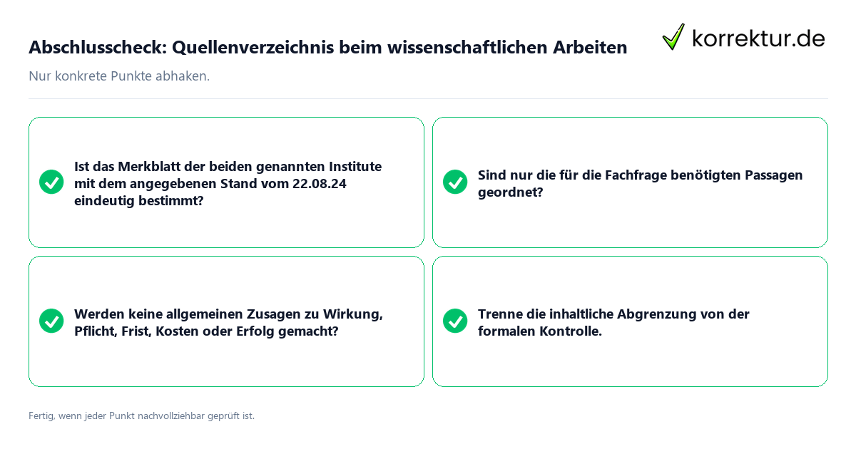 Konkreter Abschlusscheck zu Quellenverzeichnis beim wissenschaftlichen Arbeiten
