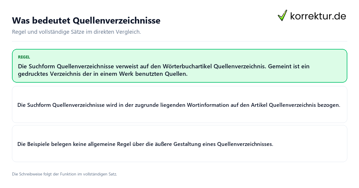 Konkrete Regel und vollständige Beispielsätze zu Was bedeutet Quellenverzeichnisse
