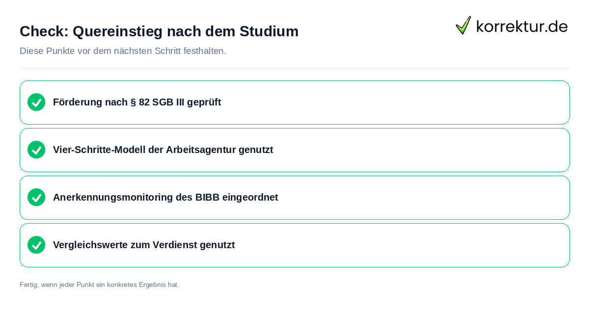 Quereinstieg nach dem Studium: Prüfliste mit vier Punkten