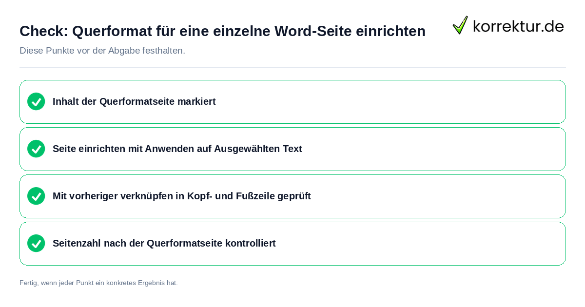 Check: Querformat für eine einzelne Word-Seite einrichten Querformat für eine einzelne Word-Seite einrichten: Prüfliste mit vier Punkten